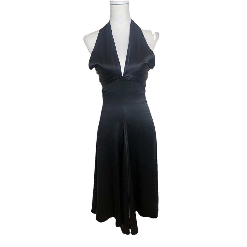 Vintage Mara Hoffman 100% Silk Late 90’s Y2K Era Black Tan Satin Halter Dress S - Picture 2 of 14